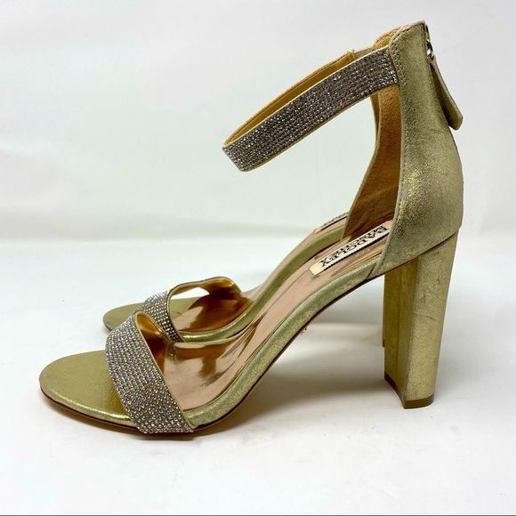 Bagdley Mischka Gold Block Heel Sz 8.5 - Picture 2 of 4